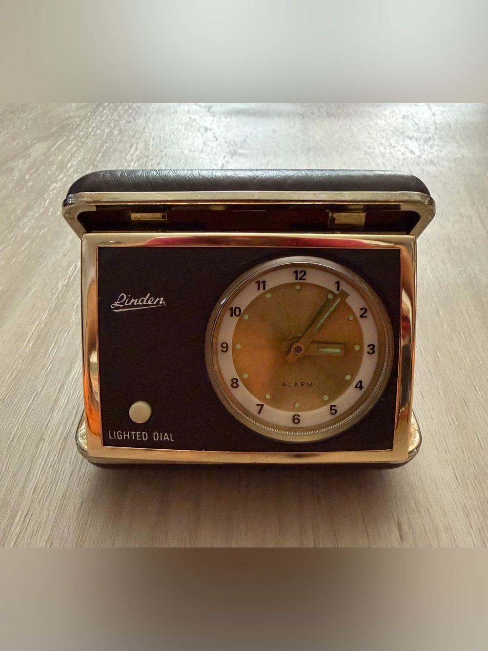 Vintage Linden MCM Light Up Windup Travel Alarm Clock Leather Brass Japan